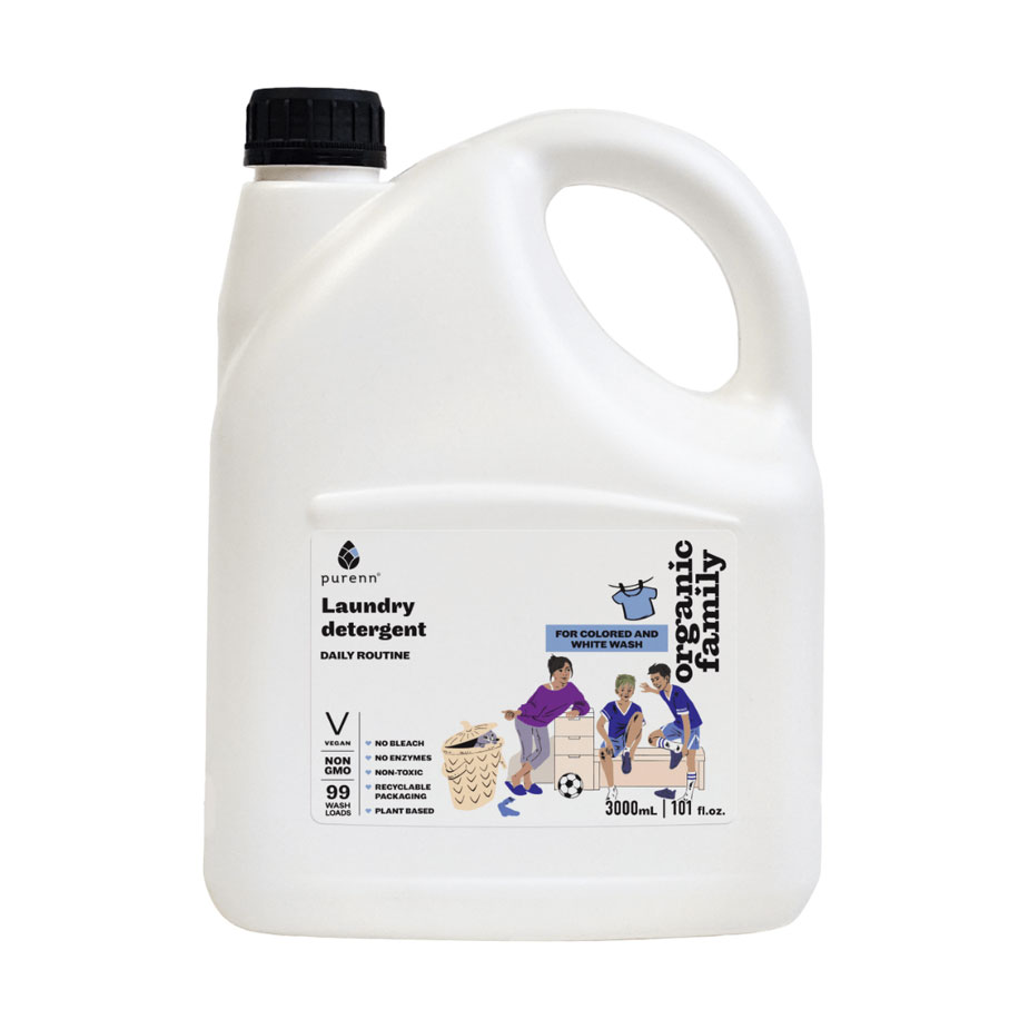 Рідкий гель-концентрат для прання Purenn Organic Family Daily Routine Малина, для кольорових та білих речей, 100 циклів прання, 3 л